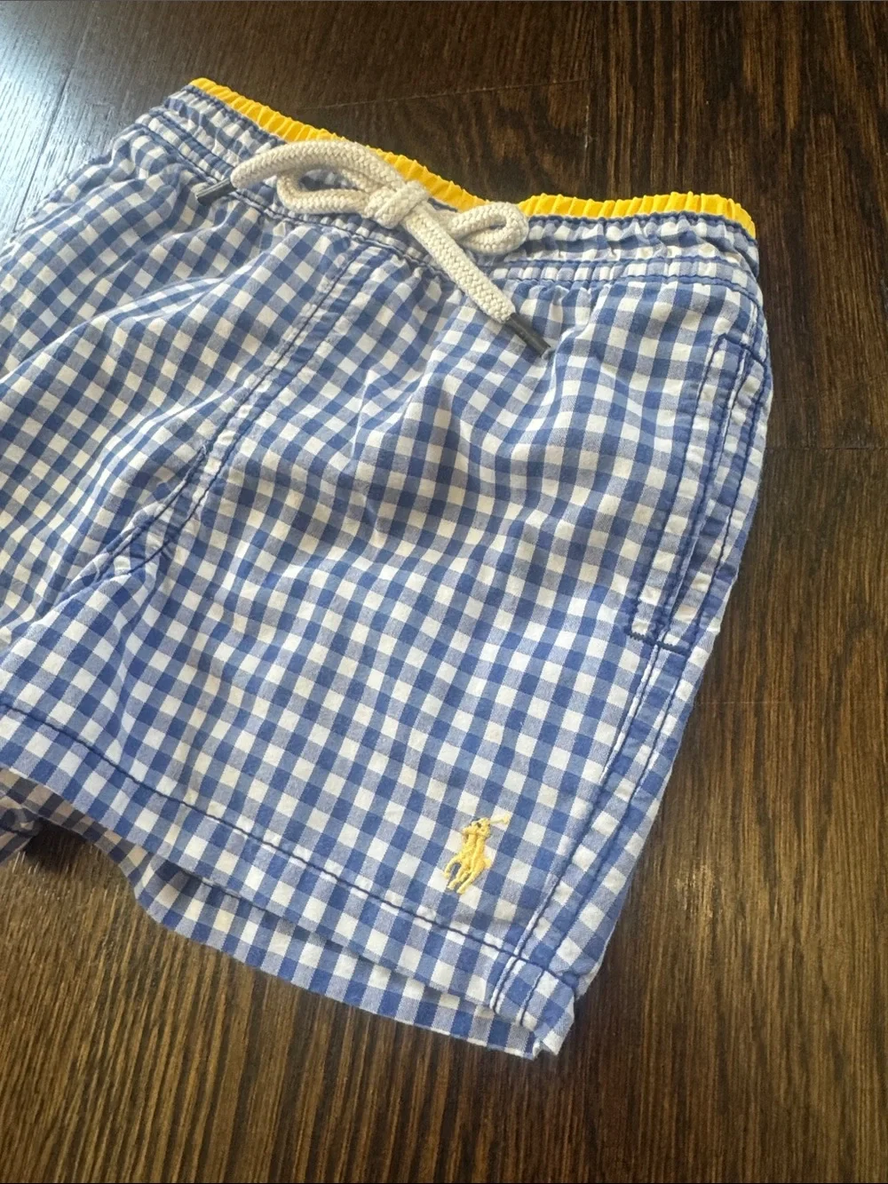 Ralph Lauren Blue swim Shorts with Yellow- Kids w matching teddy Bear shirt